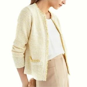 Massimo Dutti tweed open cardigan yellow white color frayed detail Large